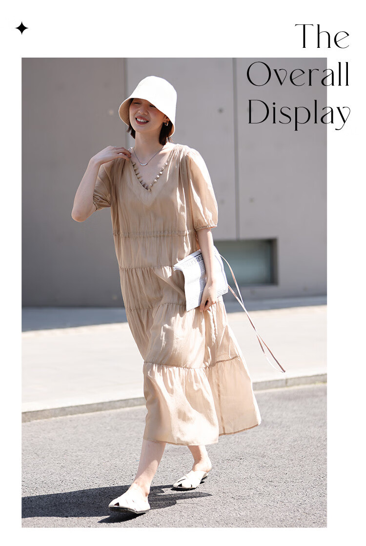 Dme Tencel Flowy Dress with Drawstring Waist And V-Neck Short Sleeves for Women, Light Pink, Size S 3