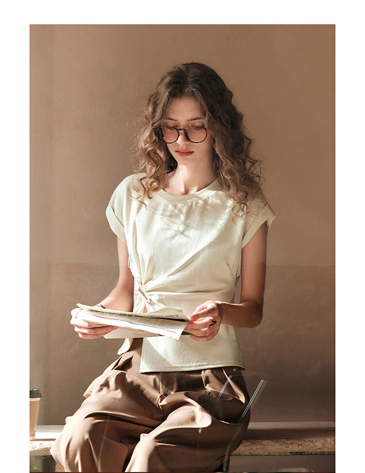 Olrain Irregular Pleated Waist-Tied T-Shirt Women's Summer Stylish Short Sleeve Top Milk Tea Color M 20