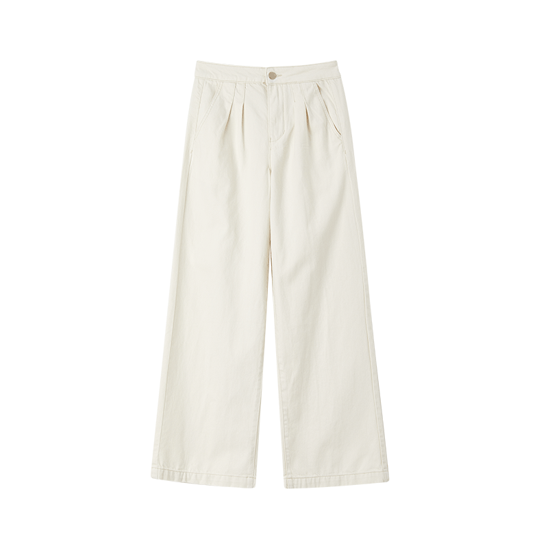 Mt [Solid Color Simple Style] Spring And Autumn Minimalist High-Waisted Versatile Wide Straight-Leg Jeans Long Pants, Off-White, Size L
