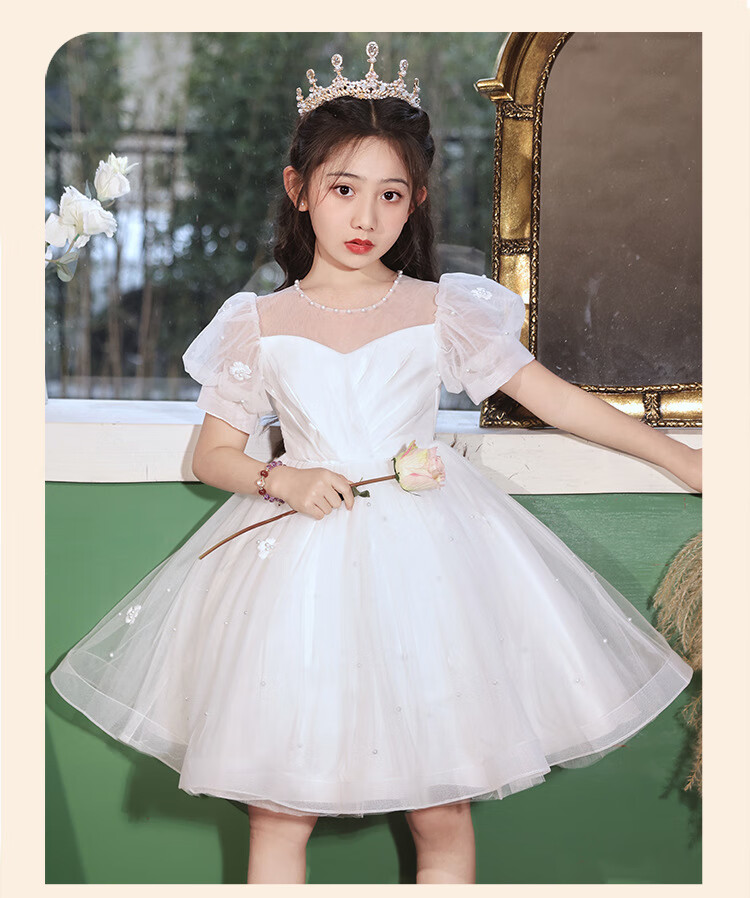 LUOBOBEIBEI Girls' Formal Dress, Children's Birthday Princess Dress, Flower Girl Wedding Dress, Host Piano New Year Costume, White Dress, Size 150 14