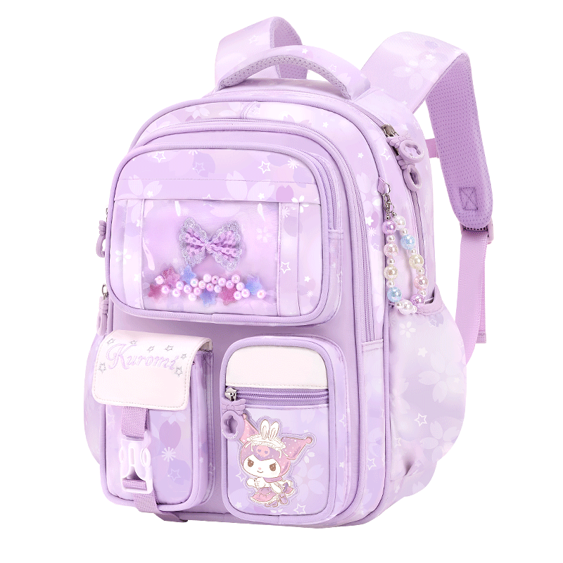 Hello Kitty Elementary School Backpack for Girls in Grades 3-6, Spine-Protecting And Load-Reducing Children's Backpack, Model 96652C Kuromi Purple