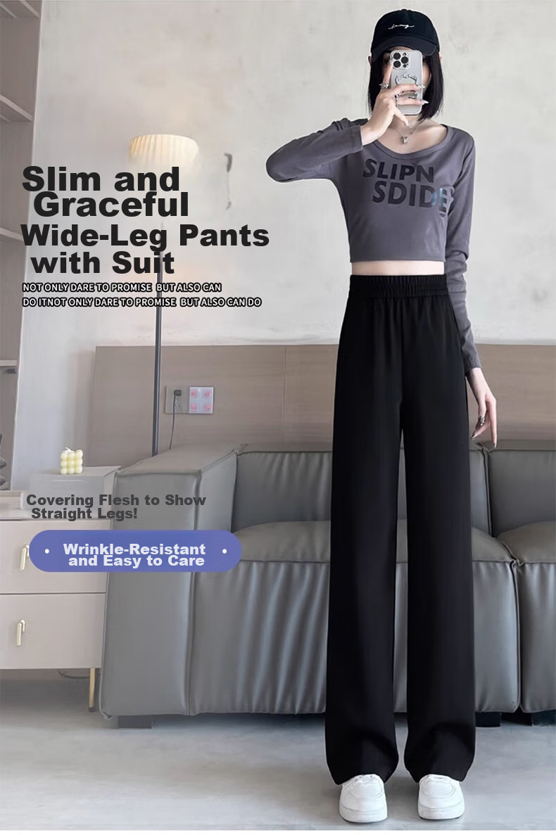 LangSha Black Straight-Leg Dress Pants, Summer Ice Silk Draping High-Waist Wide-Leg Pants for Women, Loose-Fitting Slimming Casual Trousers 1