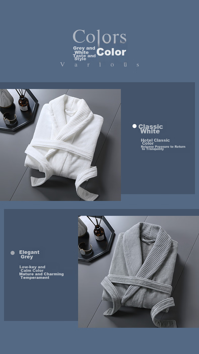 Canasin Five-Star Hotel Pure Cotton Bathrobe, All-Cotton Absorbent Couple Adult Bathrobe Sleepwear Long Style, Elegant Gray, M 9