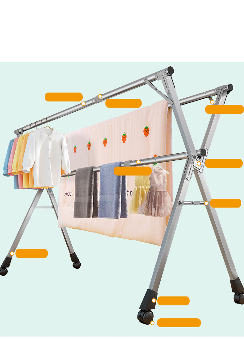 Huakaizhixing Folding Clothes Drying Rack, Floor-Standing Stainless Steel Clothes And Quilt Drying Stand, YJ67 Three-Rod + Wheels, Heightened, 2 Meters 5