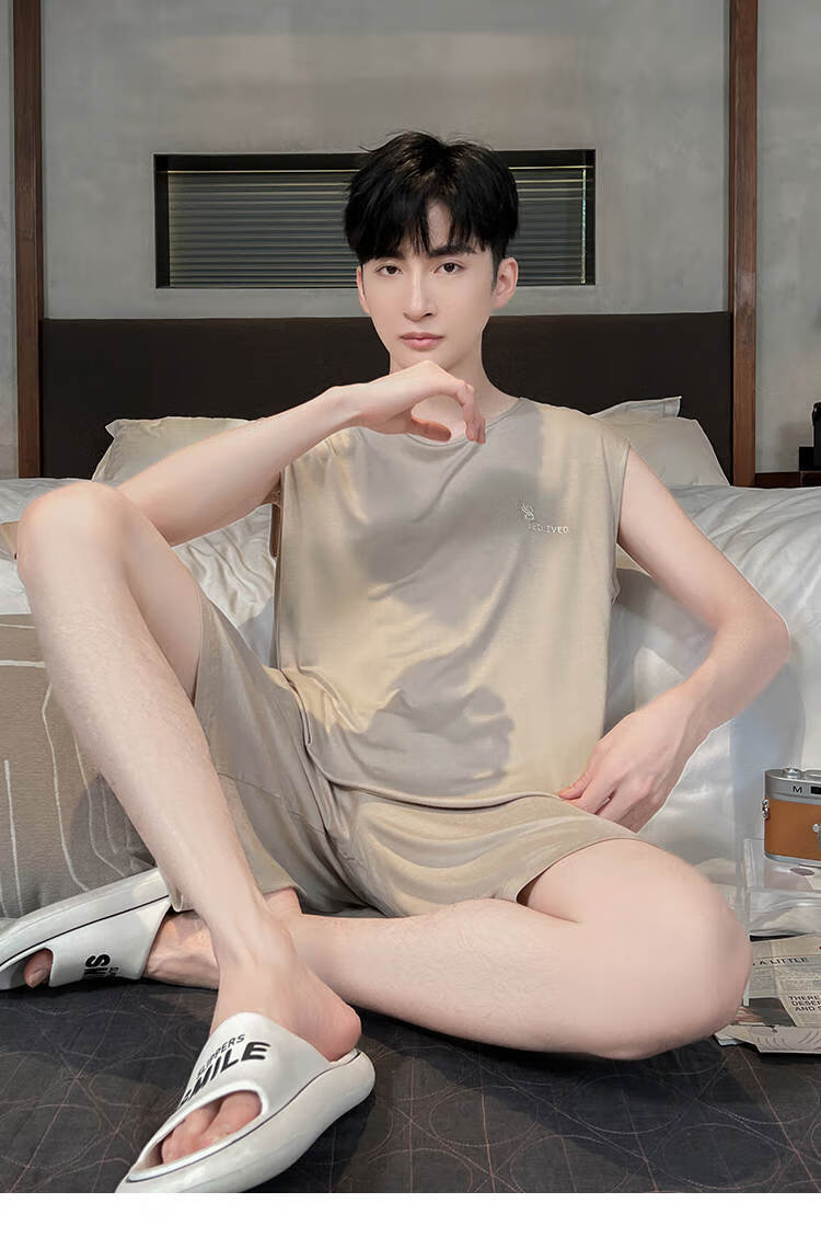 LangSha Men's Pajama Set, Summer Thin Style, Sleeveless Vest, Silk-Like Short Pants, Casual Men's Wearable Loungewear 15
