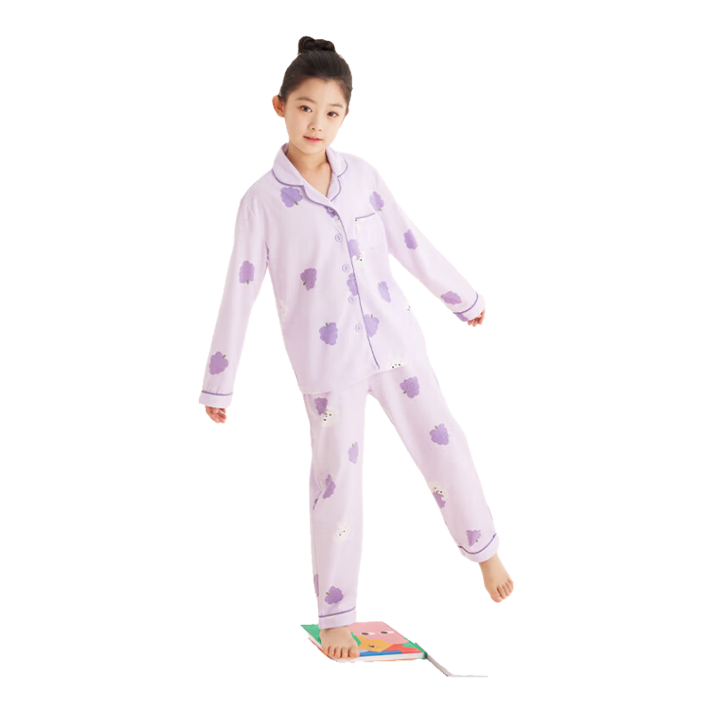 Hodo Children's Pajamas, Girls' Spring And Autumn All-Season Pure Cotton Loungewear, Long-Sleeve Top And Long Pants Set, Turn-Down Collar, M3512, Light Purple, Size 130