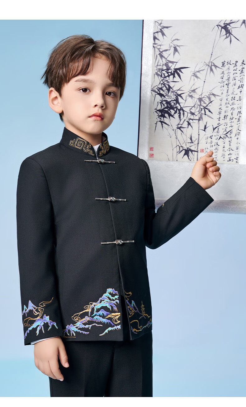 Romon Boys' Zhongshan Suit Set Traditional Chinese Style New Chinese Style Children's Host Performance Suit Black 170 17