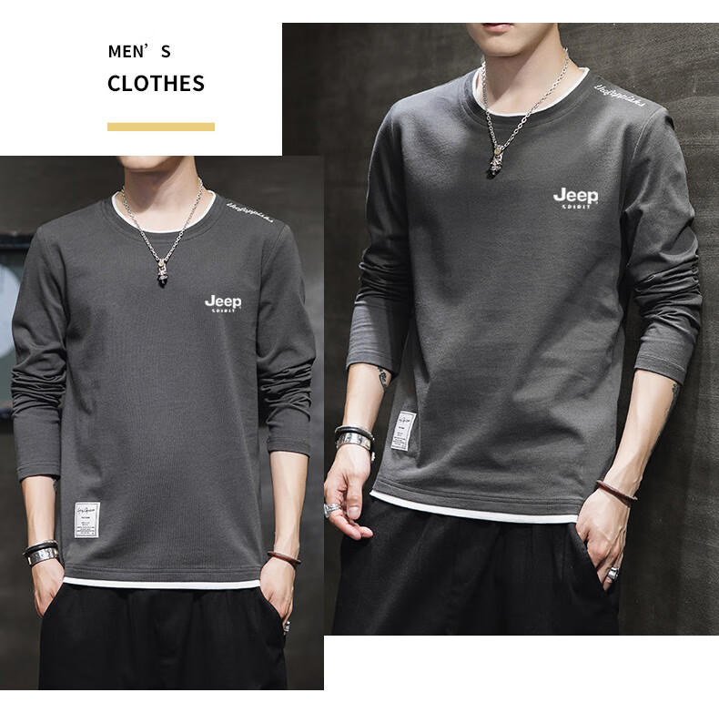 JEEP SPIRIT Men's Long-Sleeve T-Shirt, Spring And Autumn Sports Outdoor Pure Cotton Tee Casual Top, Gray, Size L 14