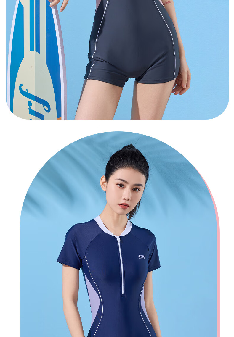 Li-Ning Women's Professional One-Piece Conservative Boyshort Swimsuit, Tummy-Covering Slimming Casual Training Hot Spring Swimwear, 473 Blue Purple 3XL 16