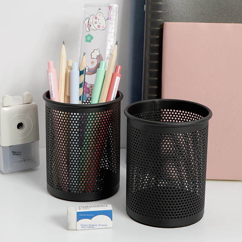 SIMAA [Dense Thickening] Metal Mesh Round Pen Holder, Simple Creative Desktop Storage Box, Office Study Supplies, Black, Single Pack, 8637
