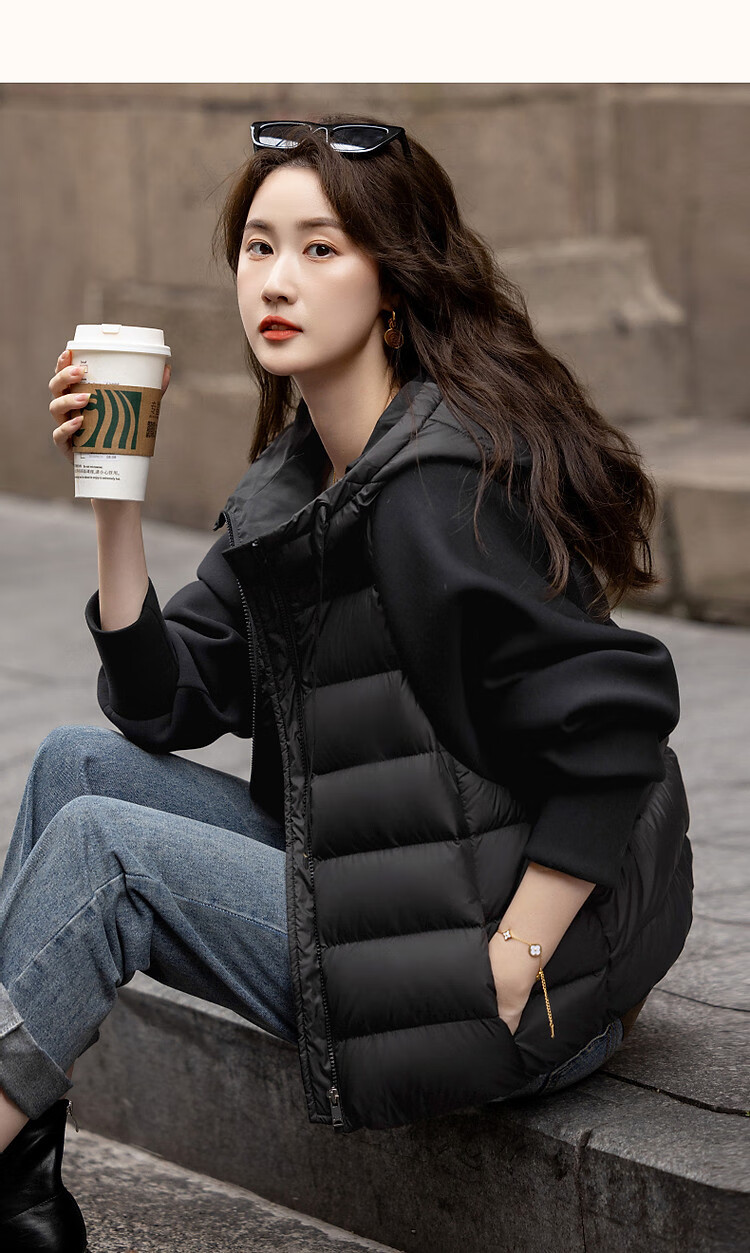 Dme [Stay in The Sunroom] Winter Lightweight Hooded 90% Duck Down Patchwork Knit Air Layer Women's down Jacket 10