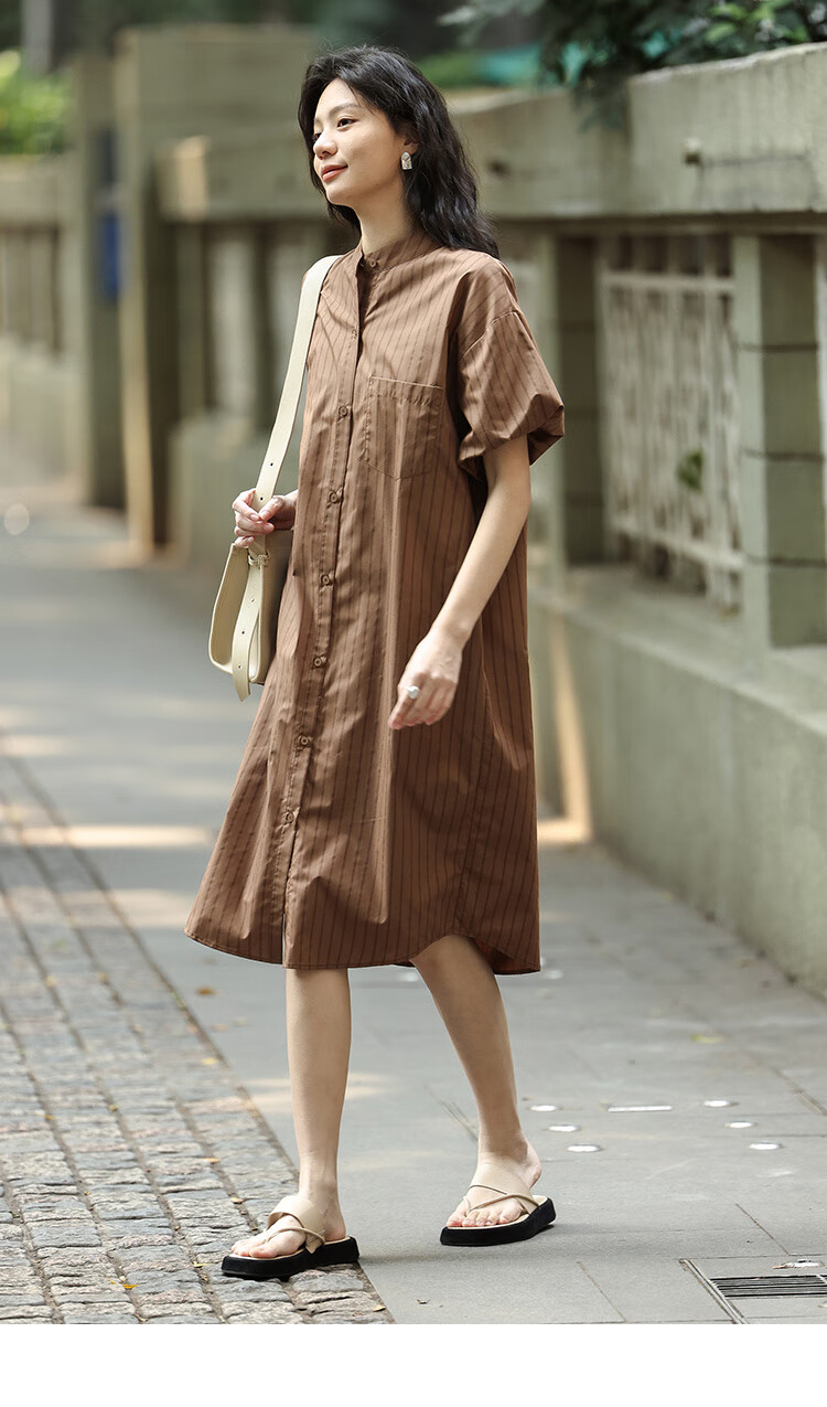 Dme Stand-Collar Striped Commuter Shirt Dress, Summer Puff Sleeve Striped Fabric Short-Sleeve Dress, Coffee Color, M 9
