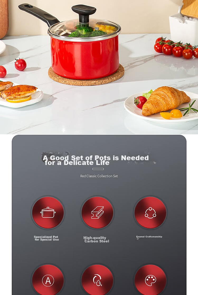 Fage Red Series Set Enamel Pot (Frying Pan + Milk Pan) FG-HHD02NJ 2
