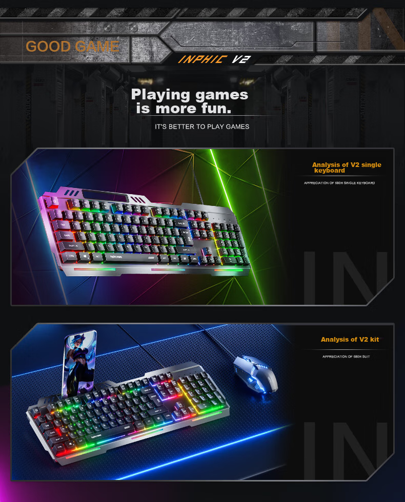 INPHIC K2 Gaming Keyboard Wired Office 104-Key Computer Desktop USB External Backlit Metal Panel 26-Key Anti-Ghosting Metal Gray 2