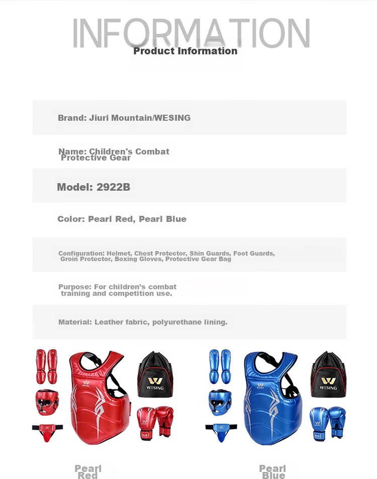 Jiurishan Children's Combat Protective Gear Set, Sanda Boxing Training Equipment, Youth Gloves And Helmet, 6-Piece Set, Blue, Size S 3
