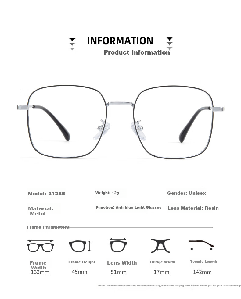 Jingbang Myopia Glasses for Men And Women, Ultra-Light Large Face Slimming Square Frame with Blue Light Protection, Rose Gold Non-Prescription Blue Light Blocking Lenses 12