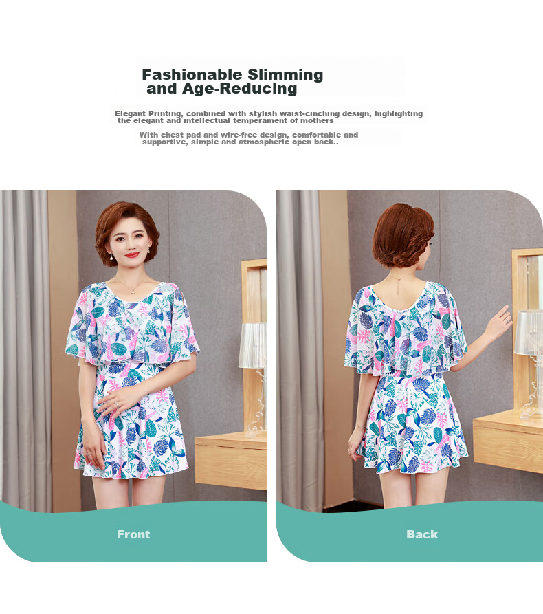 Yifu Mom's Hot Spring Swimsuit, Conservative One-Piece Dress Style for Middle-Aged And Elderly Women, Tummy Control, Slimming, Plus Size, Suitable for Curvy Women, Vacation Swimwear 3