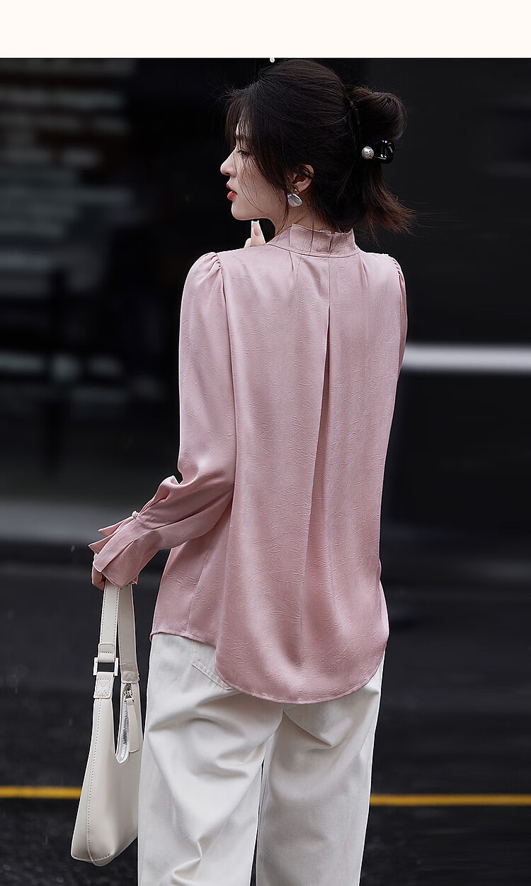 Dme [Ankeala Red] Elegant Office Blouse for Spring And Autumn, Wrinkled Shiny Ruffle Puff Sleeve Shirt Women's Top 17