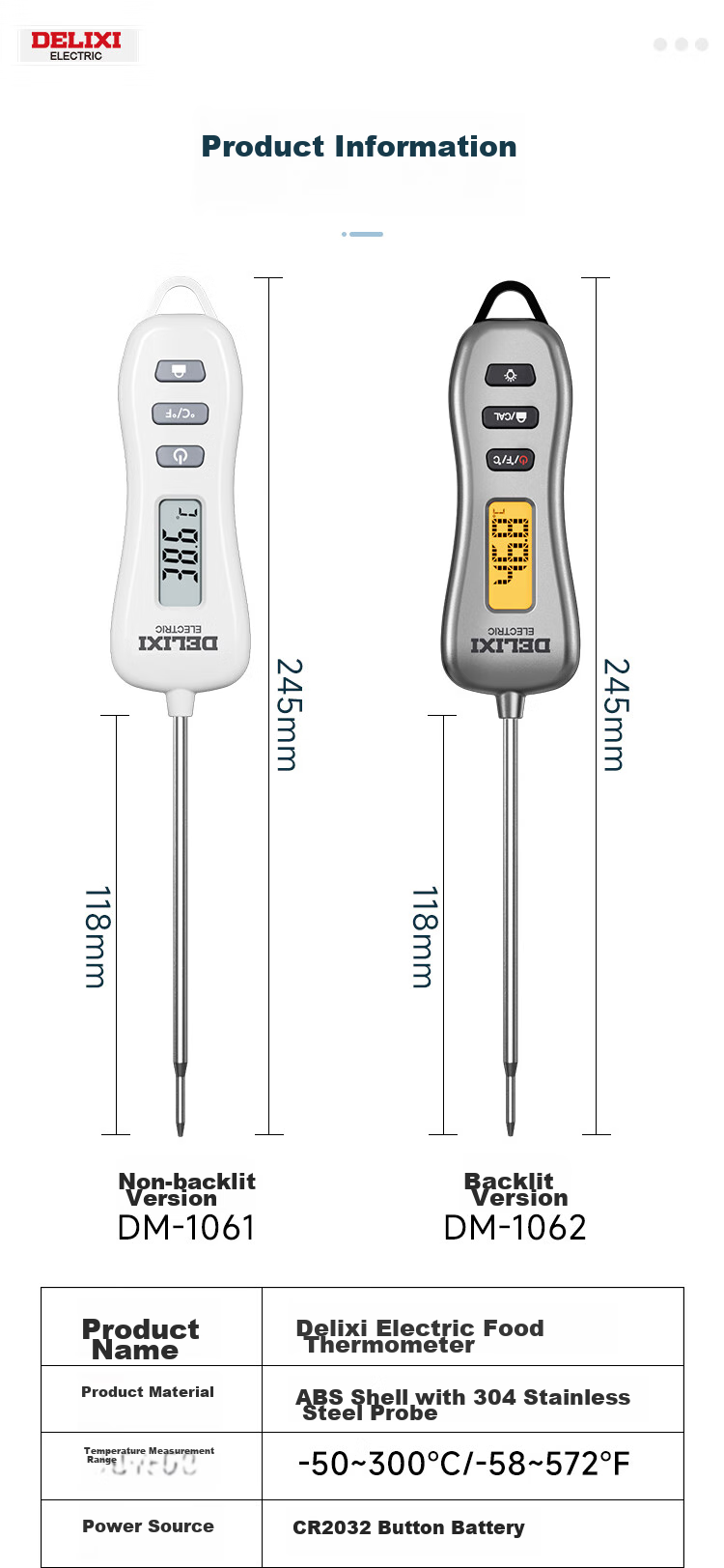 DELIXI ELECTRIC Electronic Probe Thermometer, 304 Stainless Steel ABS Kitchen Cream Temperature Measurement, Oil Temperature Measurement, Backlit Display 10