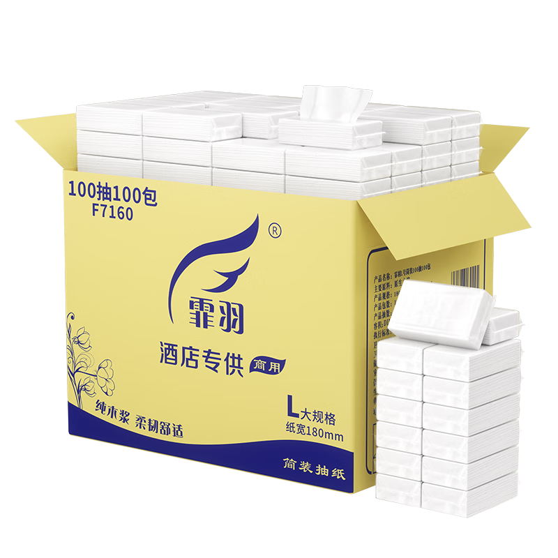 Feiyu Facial Tissues, 2-Ply, 100 Sheets * 100 Packs, Whole Box, Premium Business Simple Packaging, Long Style, 175*180, Pull-Out Tissue Paper F7160