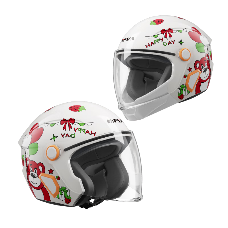 NEVA 3C Certified Children's Helmet for Boys And Girls, All Seasons, Suitable for Electric Bikes And Motorcycles, Cartoon Cute Baby Safety Helmet, White Strawberry Bear Design for Ages 3-10