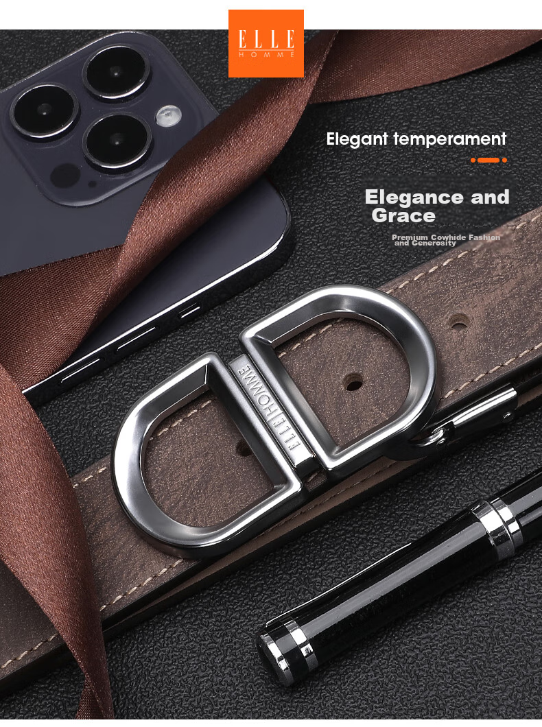 ELLE HOMME Men's Belt, Top-Grain Leather Buckle Waistband, Hollow Buckle Dress Pants Belt, Birthday Gift for Boyfriend 2