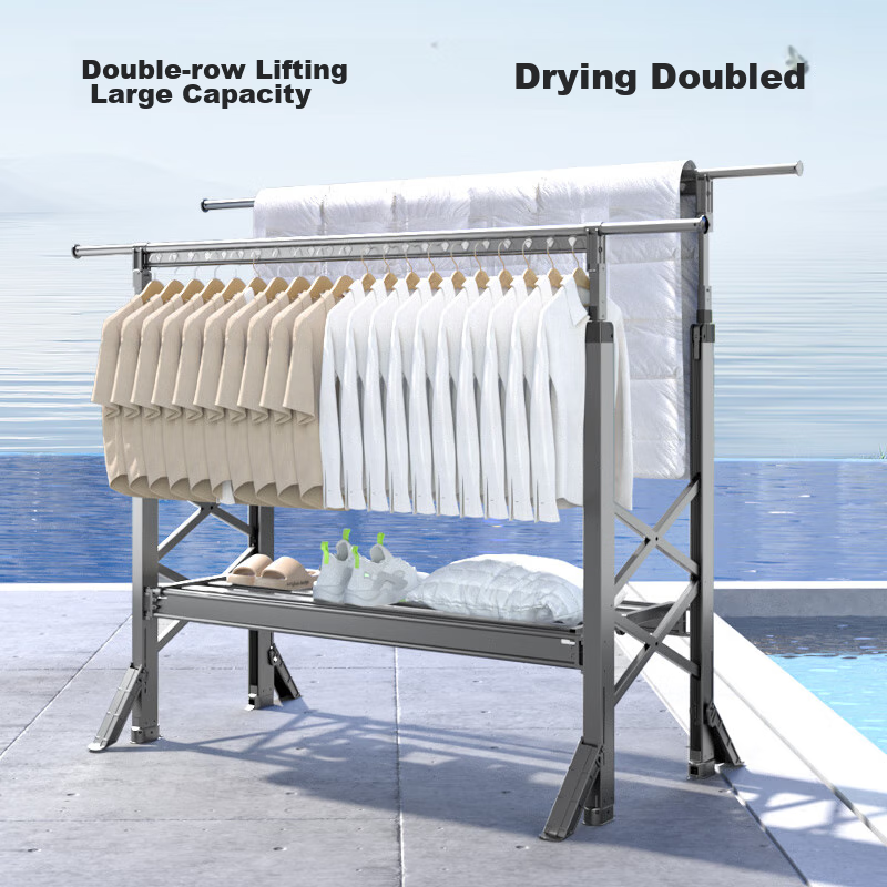 JD Original Floor Folding Double-Pole Clothes Drying Rack, Adjustable Aluminum Alloy Retractable Clothes Hanger for Outdoor Balcony And Bedding Drying