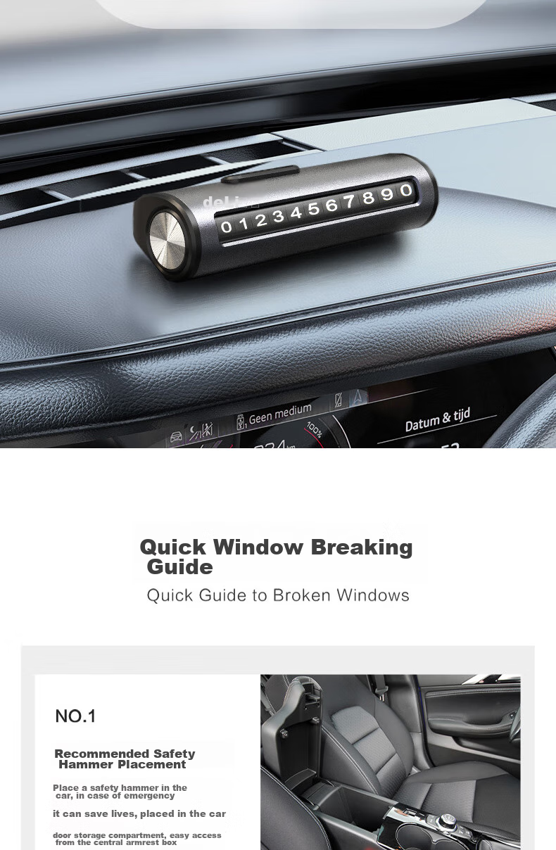 Deli Car Number Plate with Window Breaker, Temporary Parking Sign, Safety Hammer, Multifunctional, Compatible with Xiaomi SU7, Cutting Safety Belt 14