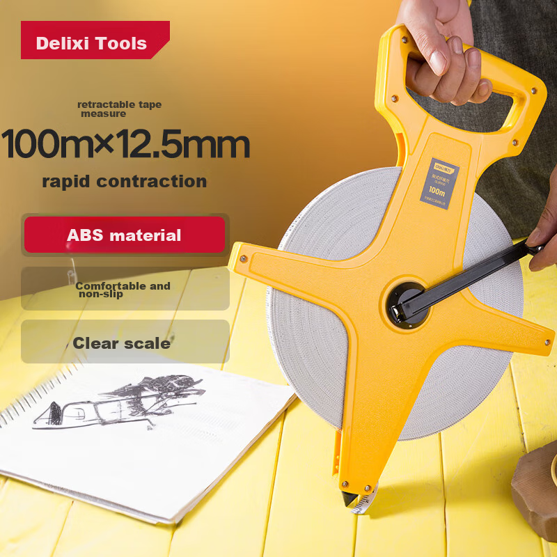 Deli Frame Fiber Ruler, Handheld Measuring Tape, Engineering Measuring Ruler, Leather Tape Measure, 100m X 12.5mm