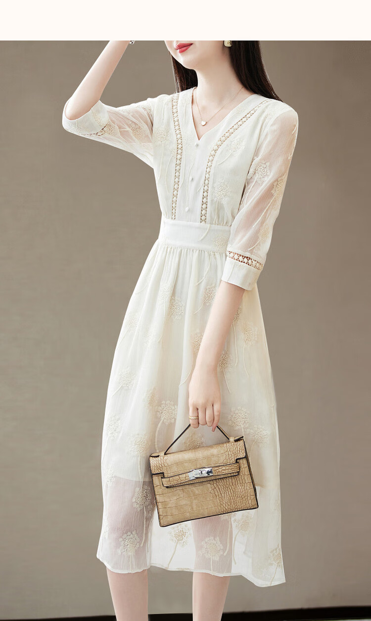 Dme [Xian Gan Embroidered Dress] Spring And Autumn V-Neck Hollow-Out Woven Strap Three-Quarter Sleeve Midi Dress for Women, Off-White, M 12