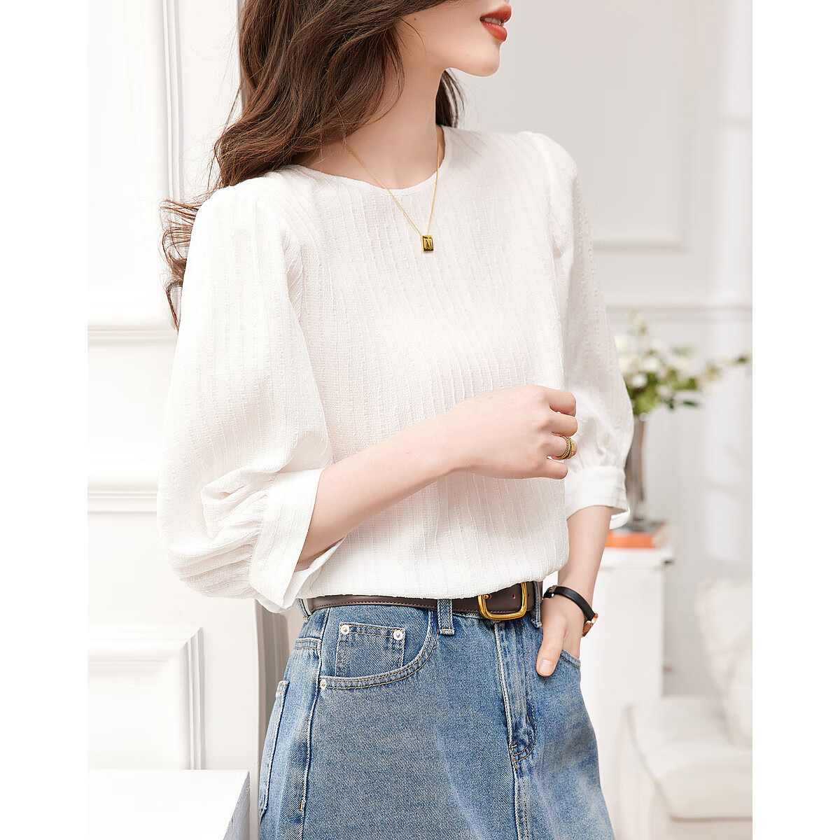 Dme [French Textured Shirt] Summer Commuter Round Neck Lantern Sleeve Blouse Women's Top, Off-White, L