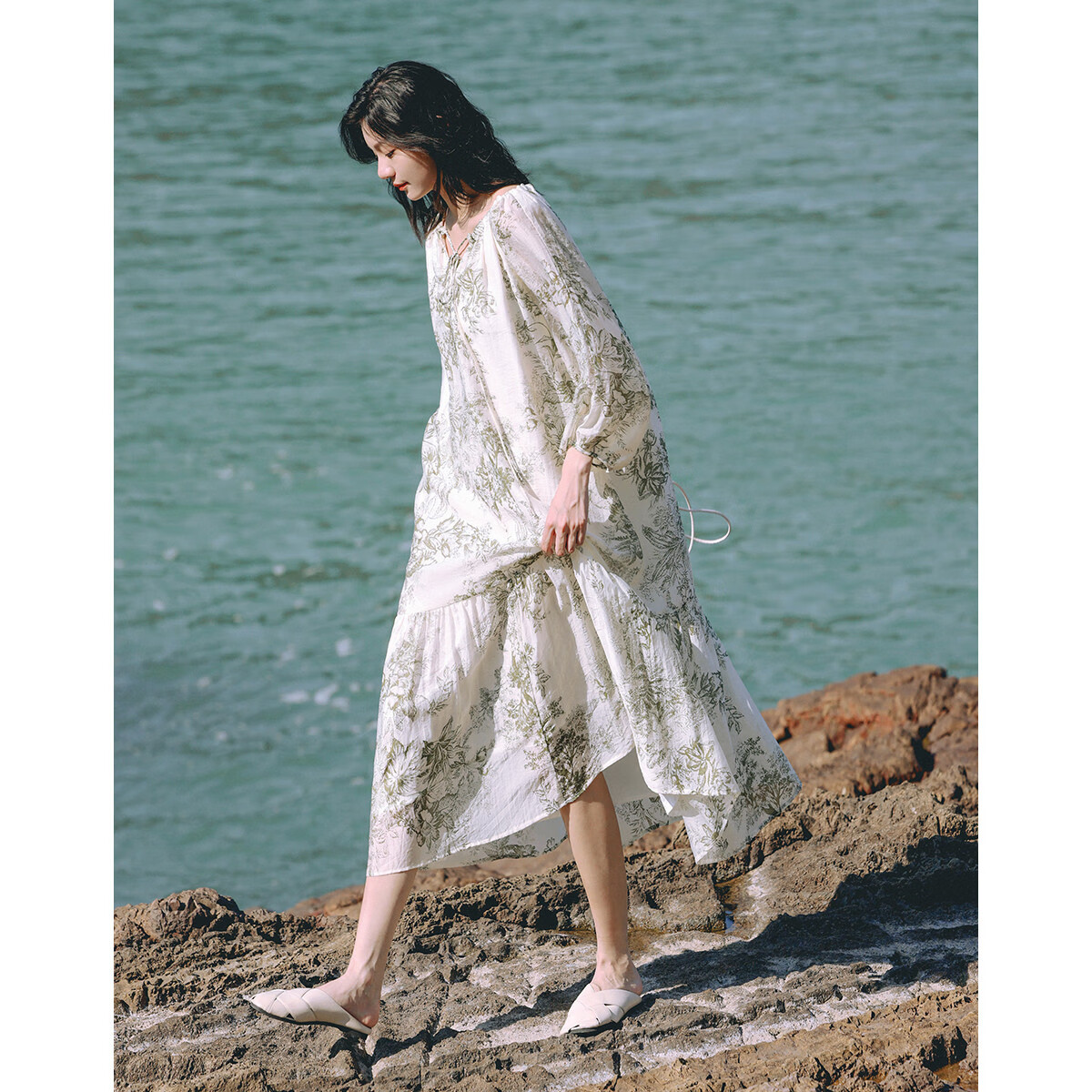 Dme Elegant Floral Print Long Dress, Artistic Ink Painting Design, Slimming One-Piece Dress, Floral Print, Size S