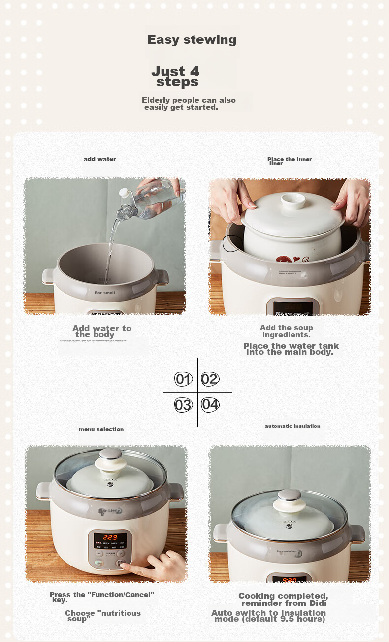 Bear Electric Slow Cooker, Soup Pot for 3-4 People, Stew Pot, Bird's Nest Cooking Pot, Soup Stewing Pot, Baby Food Cooker, DDZ-C25X6 4L with Steamer Basket 19