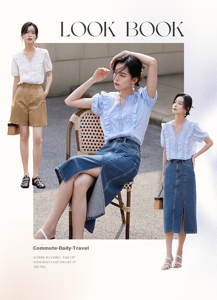 INMAN INMAN Lace Pure Color V-Neck Blouse, 2026 Summer New Arrival, Puff Sleeve Short-Sleeve Top, Pearl White, XL 7
