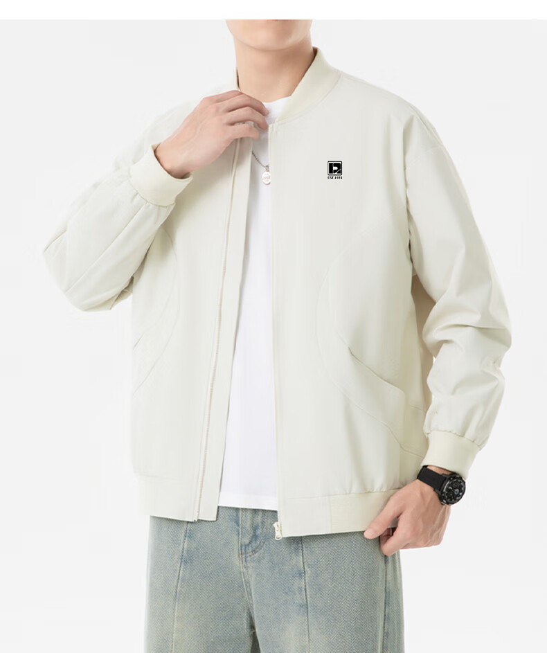 ROMON Jacket for Men, Autumn Sports Baseball Uniform, Casual Menswear, Outdoor Outerwear, ZH2402, Off-White, 4XL 11