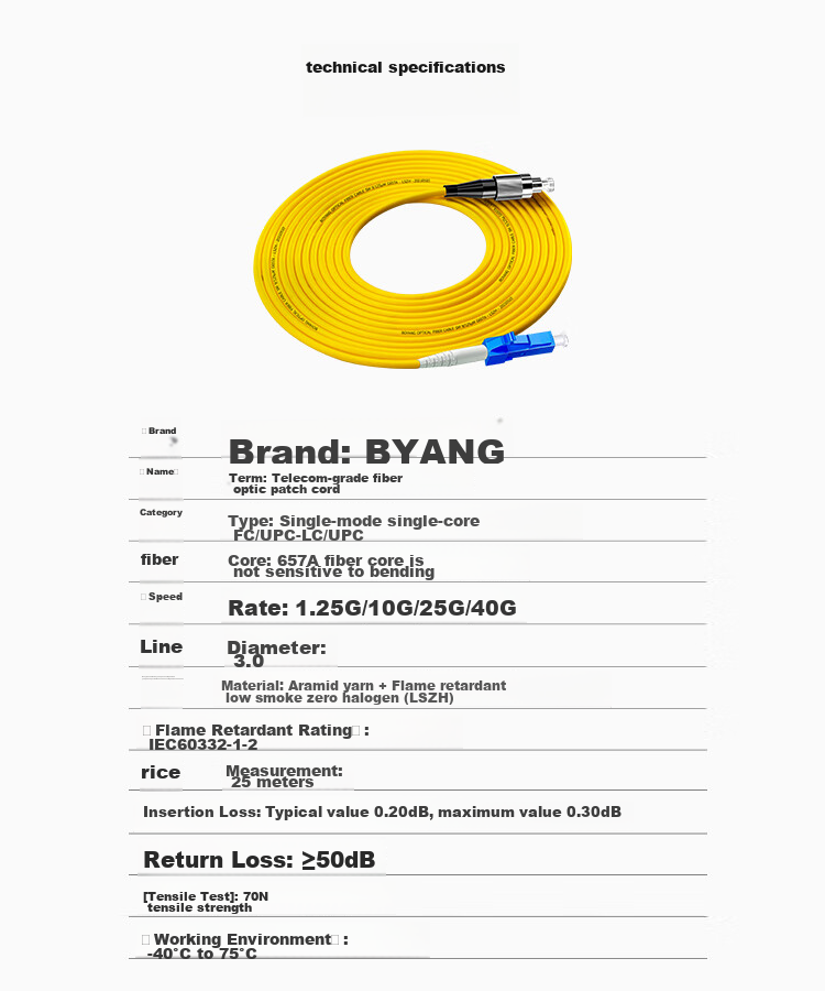 BOYANG Telecom-Grade Fiber Optic Patch Cable FC-LC(UPC), 1 Meter, Single-Mode Single-Core Pigtail, Φ3.0 Flame-Retardant Low-Smoke Zero-Halogen Fiber Optic Cable, BY-1351SM 9