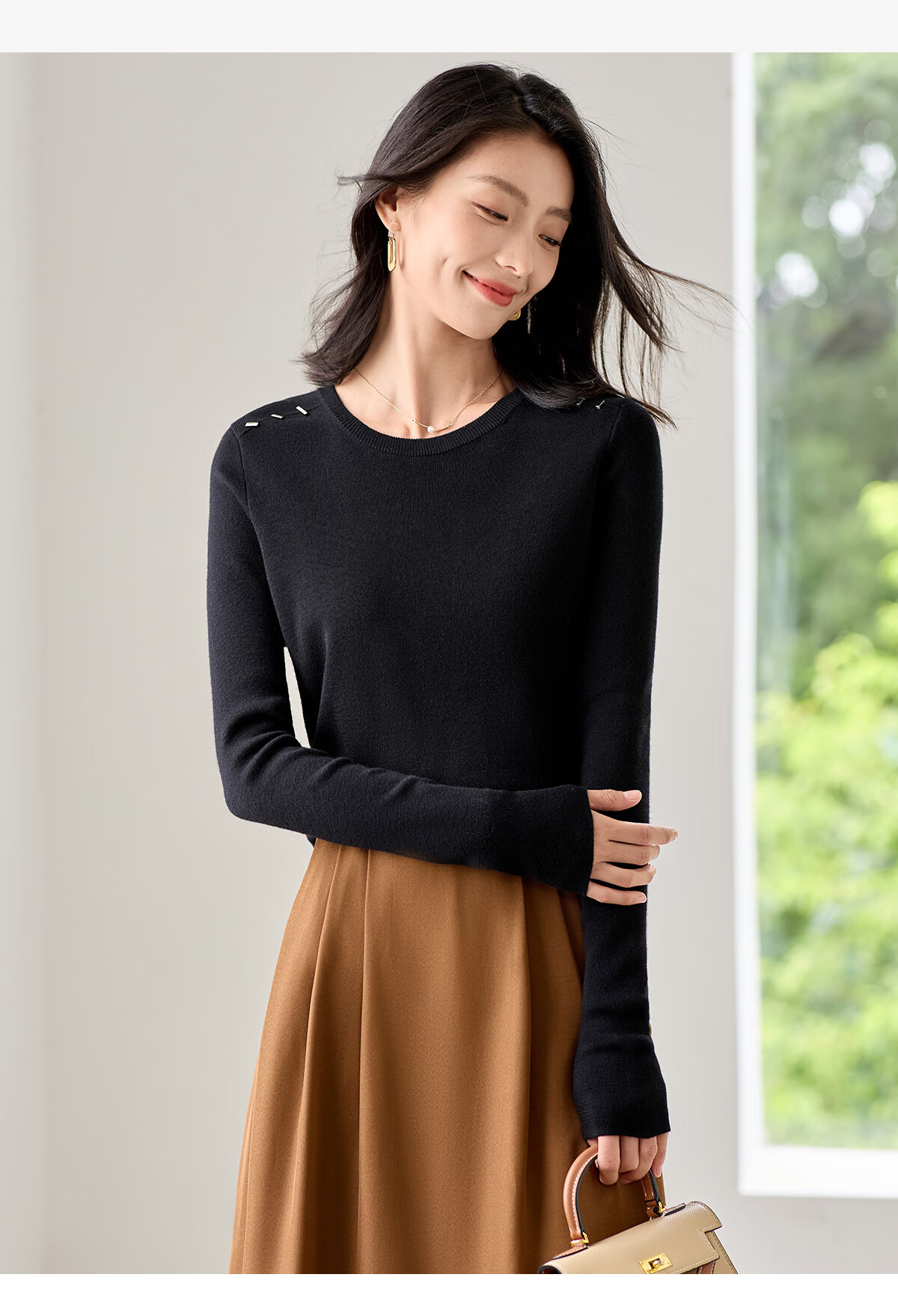 Chushen Chunqiu Women's Knitwear Designer Round Neck Solid Color Versatile Base Sweater Top S144Z7003 3