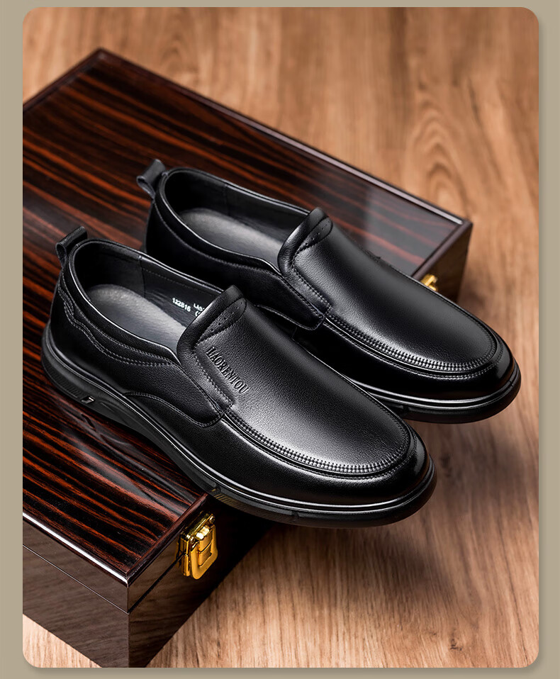 LAORENTOU Men's Leather Business Casual Slip-On Dress Shoes Spring Autumn First Layer Cowhide Black Size 43 6