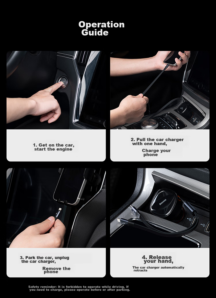 BASEUS Car Charger Retractable Cable, One-To Cigarette Lighter Adapter with Built-In Cord, Super Fast Charging, Compatible with Apple 18 Pro Max, Huawei, Xiaomi 21