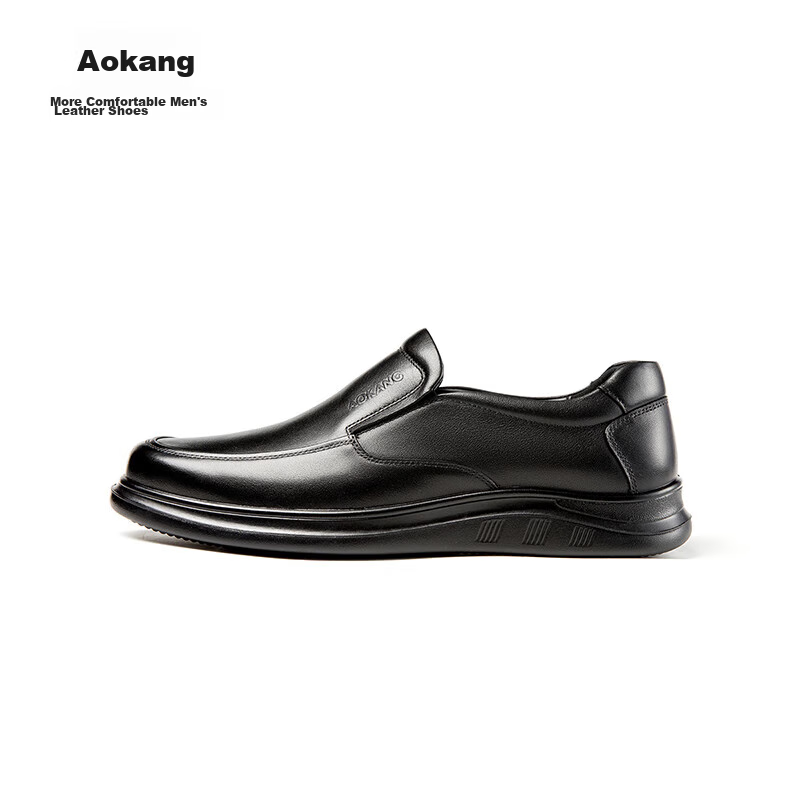 Aokang Business Casual Shoes for Men, Slip-On Cowhide Soft-Soled Comfortable Loafers, Black, Size 41