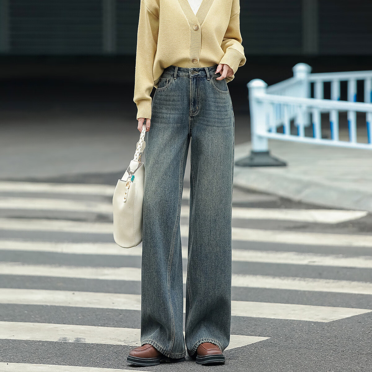 Dme Winter Simple Style Cloud Cotton Vintage Faded White Thread Cat Whisker Pattern Slimming Jeans for Women, Dark Denim Blue, S