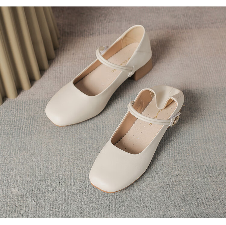 ZHR Women's Single Shoes Elegant One-Strap Mary Jane Shoes with Chunky Heel Fashionable Women's Shoes AH506 Apricot Color Size 36 22