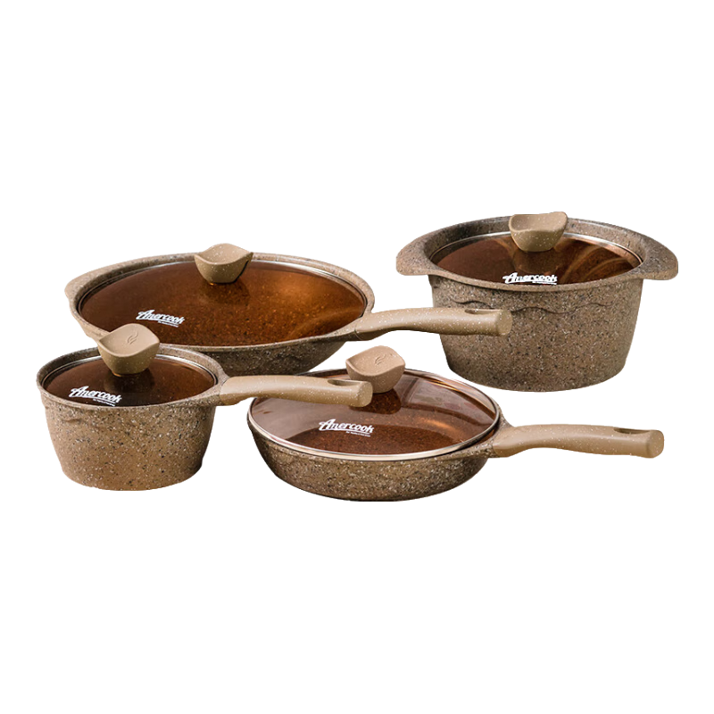 Amercook Alfita Maifan Stone Cookware Set: Wok, Frying Pan, Milk Pan, Soup Pot, Non-Stick Pan Four-Piece Set for Induction And Gas Stoves