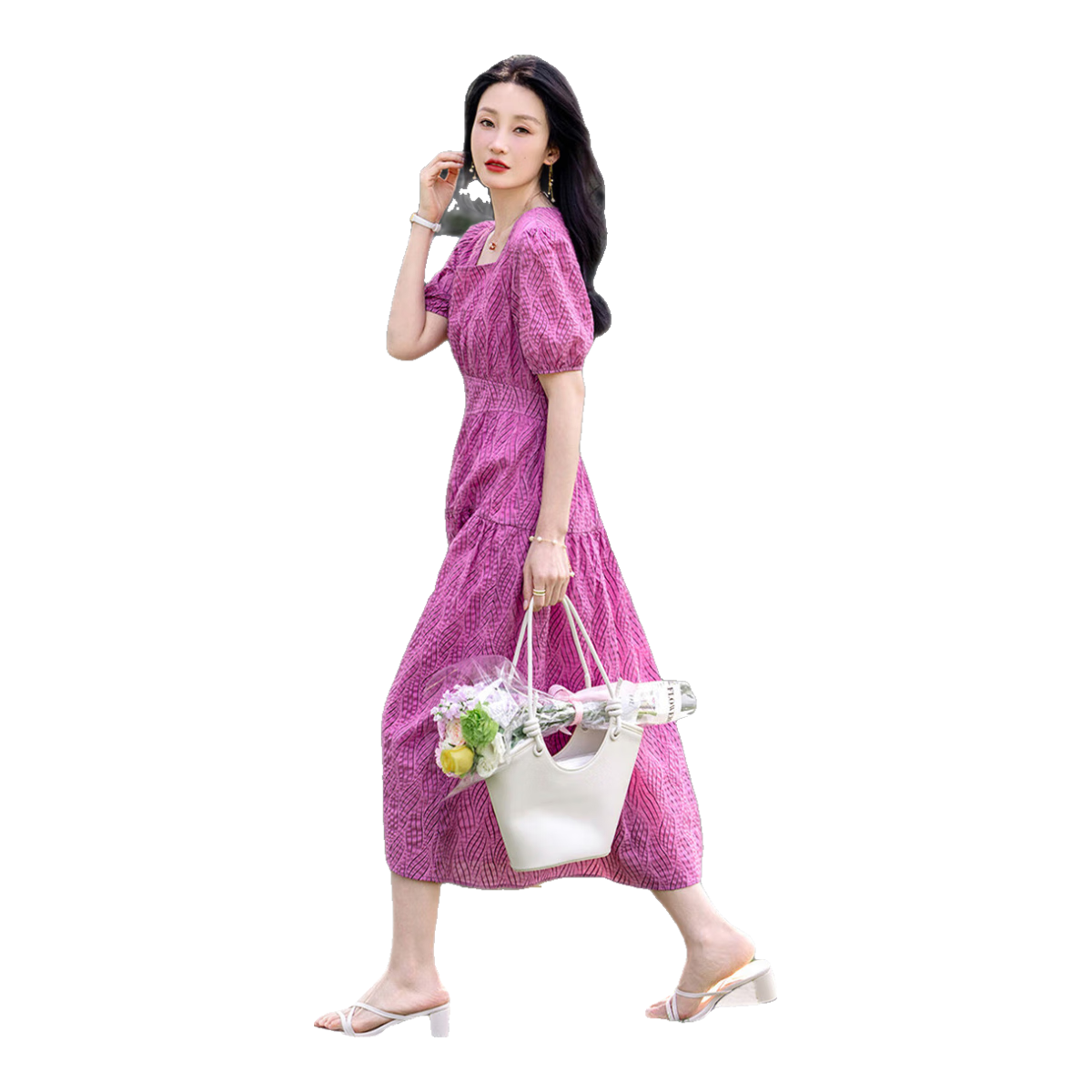 Dme [Bubble Pleated Texture] French-Style Square Neck Cotton Waist-Cinching Pleated Wide-Leg Waist-Cinching Dress