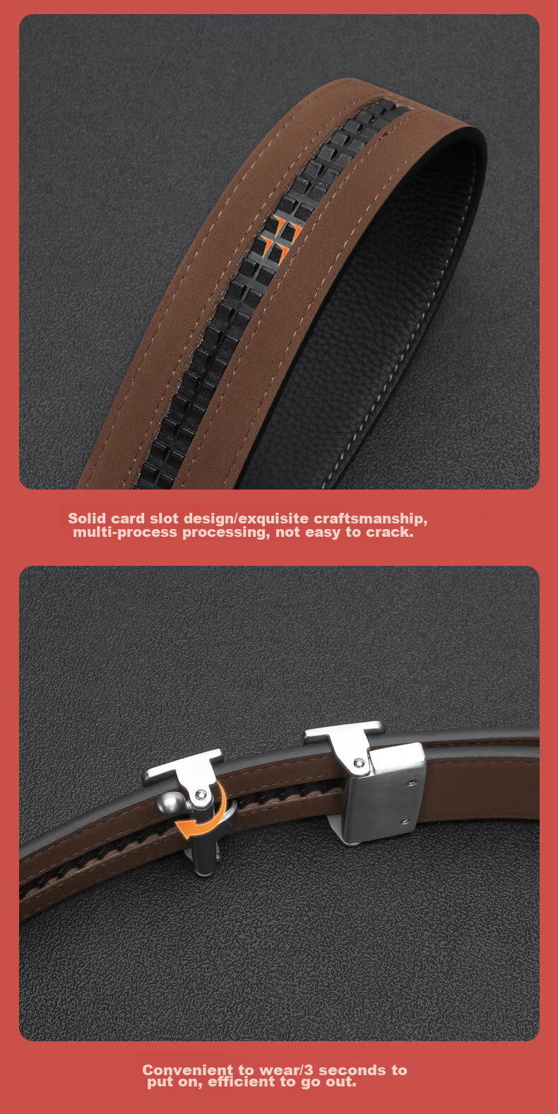 ELLE HOMME Men's Top-Grain Leather Belt, Luxury 304 Stainless Steel Buckle Automatic Waist Belt Trouser Belt, Birthday Gift for Me 6