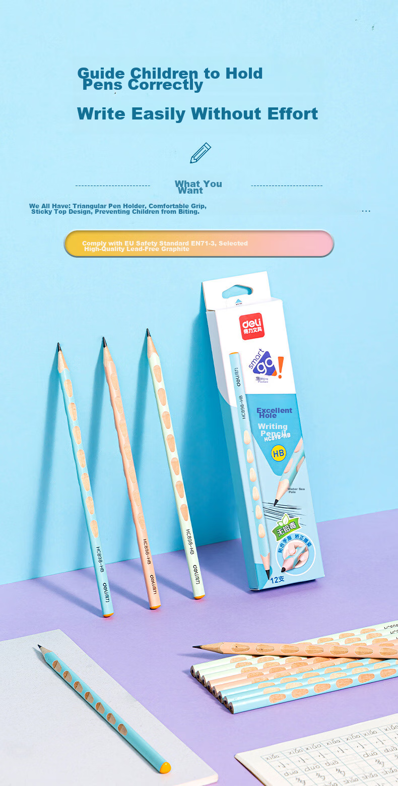 Deli HB You Plus Colored Perforated Pencils (12 Pcs/box), Writing Drawing Doodling Children's Posture Correction Pencils, Student Handwriting Practice Pencils HC898-HB Back-To Stationery 1
