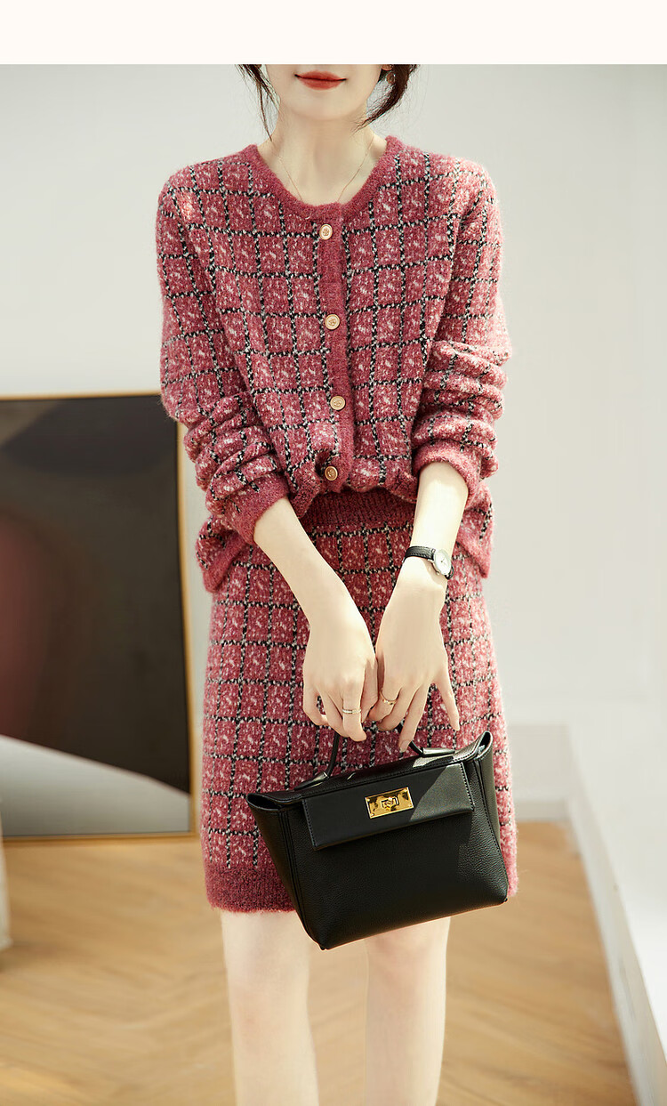 DME Chic Two-Piece Set Spring Autumn Plaid Round Neck Top High Waist A-Line Skirt Women's Fashion 7