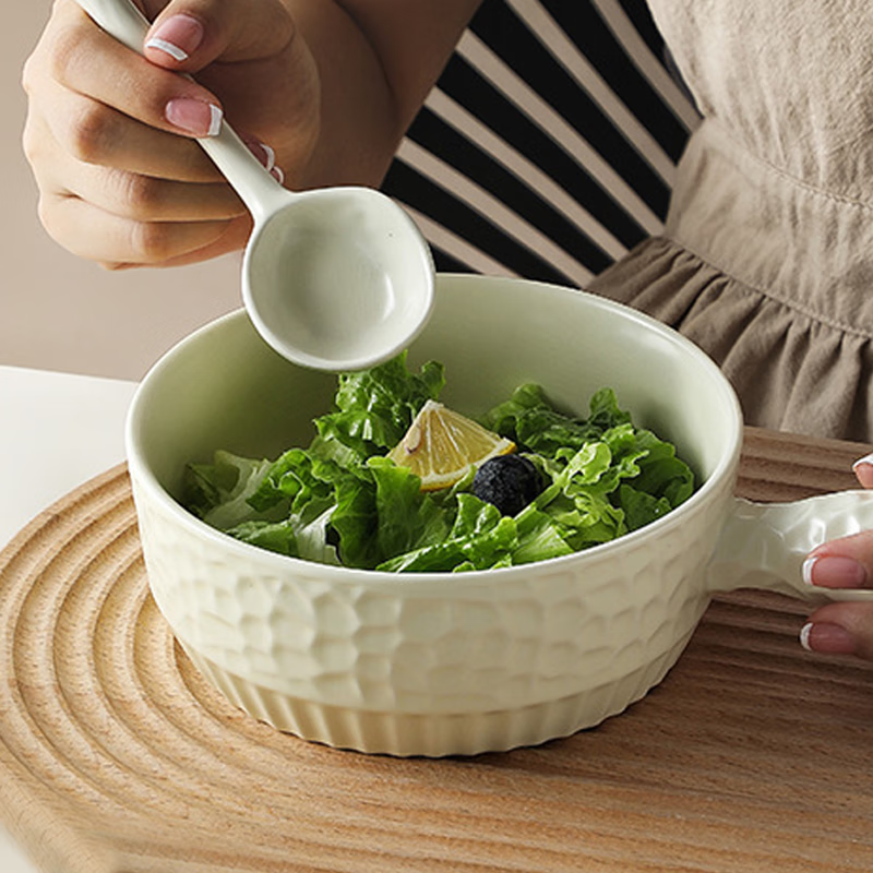 Canjiangjun Ceramic Bowl with Handle, Stylish Baking Bowl for Rice And Noodles, Large Capacity Salad Bowl And Snack Bowl, Cream White