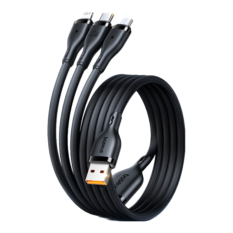 Baseus Three-In Charging Cable, Fast Charging 100W/88W, Compatible with Apple 17/16/15, Type-C for Android, Huawei, Xiaomi, Honor Phones, 1.5m