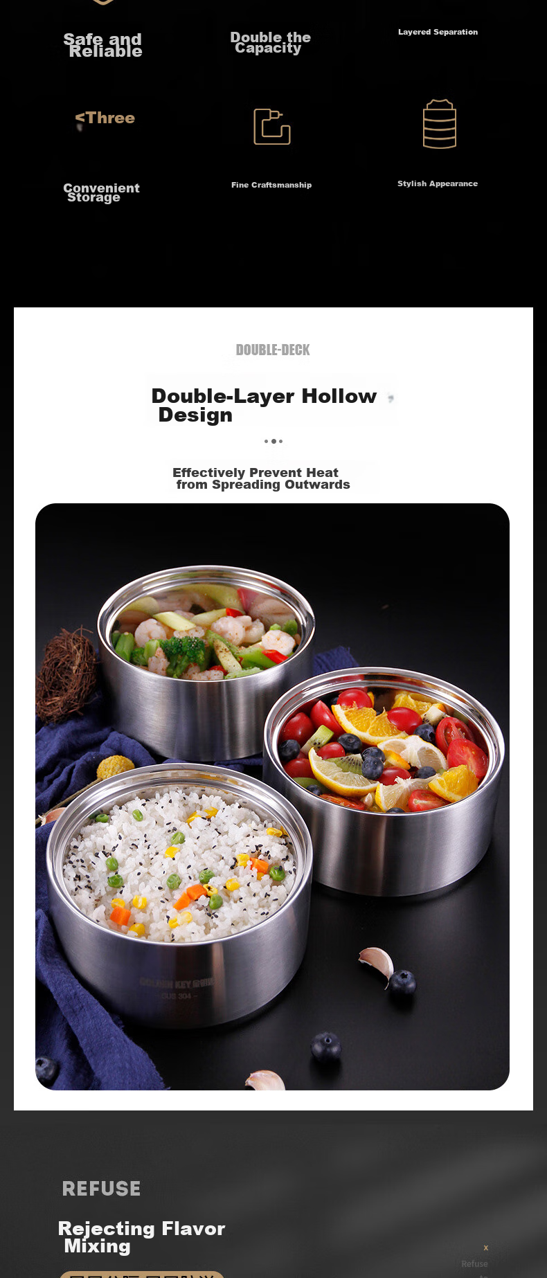 Jinyaoshi 304 Stainless Steel Zishang 2.7L Three-Layer Insulated Lunch Box with Handle, Compartmentalized Bento Box GK-TL2700 2